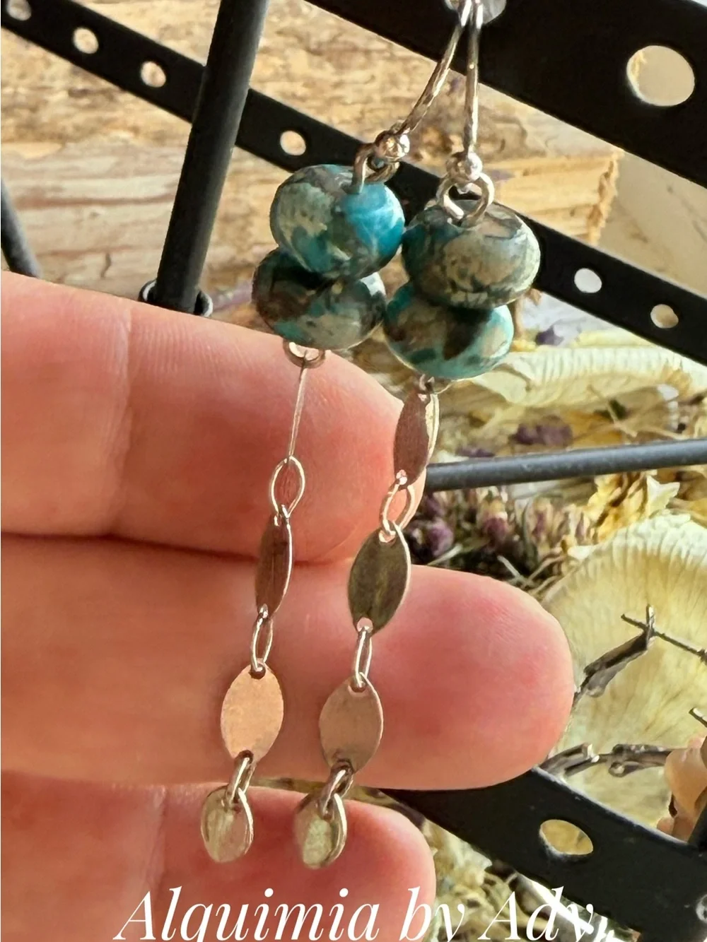 Turquoise Bead Drop Earrings - Silver feather 🪶 Accents